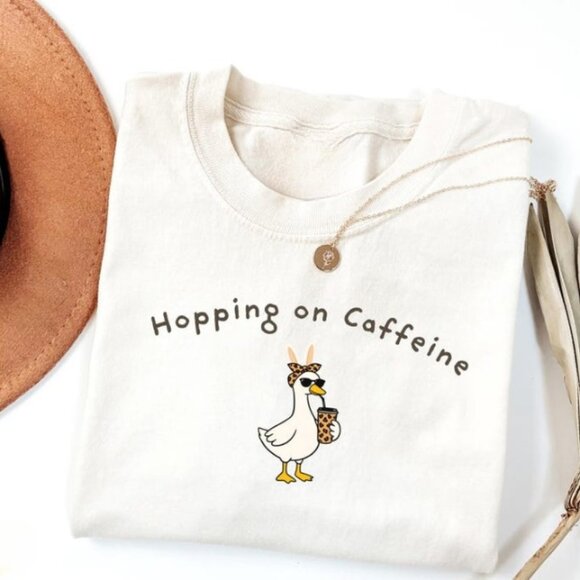 Tops - Easter Goose Shirt, Hopping on Caffeine Tee, Leopard Bunny Coffee Girl T Shirt